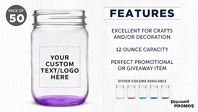 DISCOUNT PROMOS Custom Decorating Mason Jars 12 oz. Set of 50, Personalized Bulk Pack - Glass Jars for Overnight Oats, Candies, Fruits, Pickles, Spices, Beverages - Purple