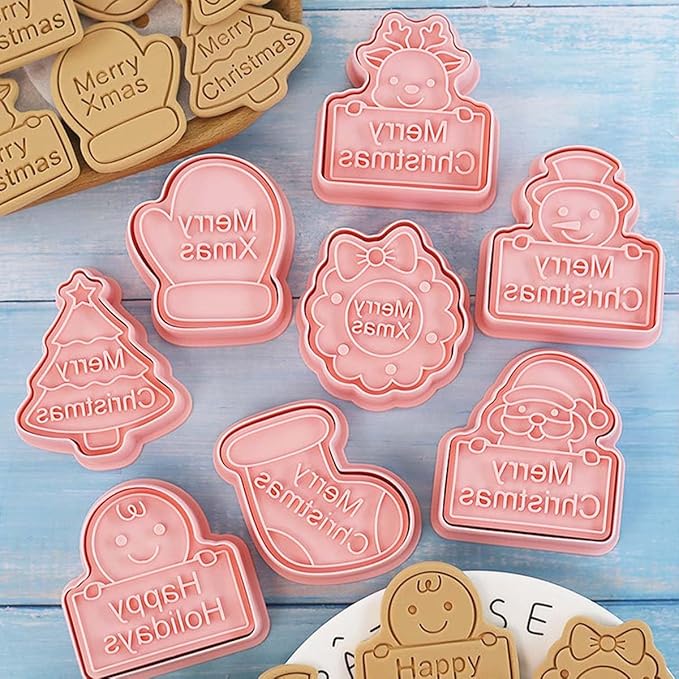 8 Piece Christmas Cookie Cutters, 3d Raised Design Gingerbread Cookie Stamps, Cookie Cutter Set suitable for Frosting Decoration, Mini Pie Molds, Apple Pie Pastry Biscuit Cutter (Christmas-F)