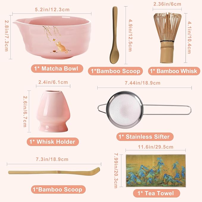 Matcha Whisk Set, 7PCS Matcha Set Includes Ceramic Matcha Set Includes Matcha Bowl, Matcha Whisk and Holder, Bamboo Scoop, Scoop Rest, Sifter and Tea Towel, Gift Bag (Pink)
