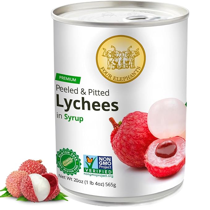 Premium Lychees in Syrup (6) - 20 oz | Natural Ingredient | Use For Mocktails, Cocktails, Drinks, Smoothies | Real Fruit Harvested At Peak Season | Four Elephants Brand | Non-GMO and Gluten-Free