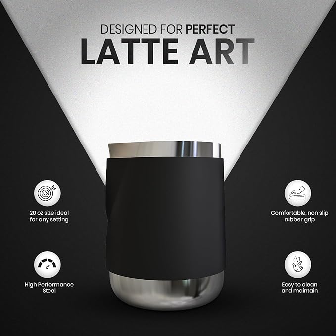 Rattleware 20 Oz Handle Free Latte Art Pitcher Stainless Steel with Rubber Grip Durable Heat Resistant Milk Frothing Pitcher for Baristas Home Cafes and Coffee Shops