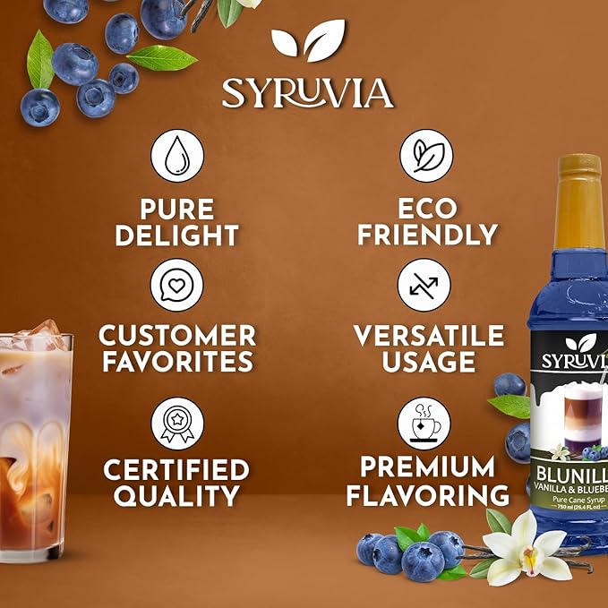 Syruvia BLUNILLA Coffee Syrup Vanilla Blueberry - 25.4 fl oz - Kosher Syrups, Gluten Free, No Coloring, Perfect for Drinks, Soda, Shakes, Desserts, and More.