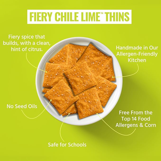 Every Body Eat Snack Thins, Gluten & Dairy Free, Vegan, School Safe Lunch Snacks, Fiery Chile Lime (20 Single Serve Bags, 1.1oz)