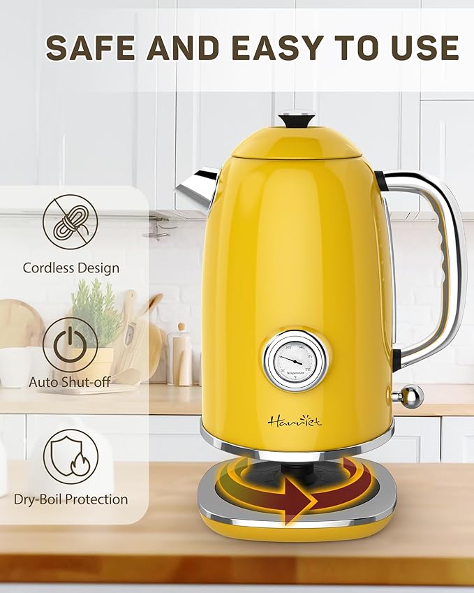 Harriet Electric Kettle, 1.8L Retro Electric Tea Kettle with Thermometer, 1500W Stainless Steel Hot Water Kettle Electric with LED Indicator, Fast Boiling, Cordless, Auto Shut-Off, Yellow