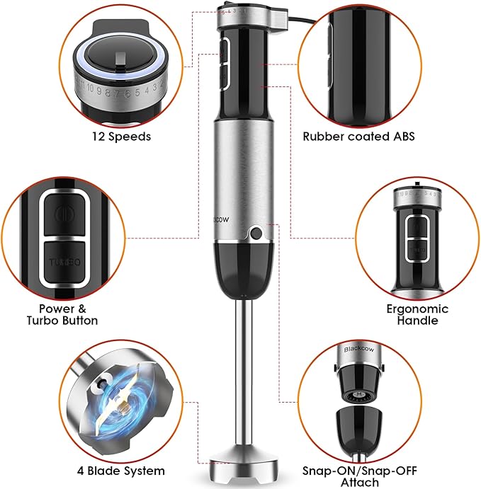 Blackcow Immersion Blender Handheld, 800W Powerful Electric Hand Blender with Titanium Alloy Blades, 12 Speeds & Turbo, Electric Hand Mixer for Smoothies, Soups, Baby Food and Purees