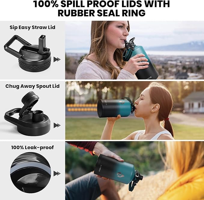 One Gallon Water Bottle Insulated, Triple Walled Vacuum Stainless Steel (Cold for 48 Hrs), Leak Proof & Non-BPA, Large Water Flask Jug with Paracord Handle & Straw Spout Lids