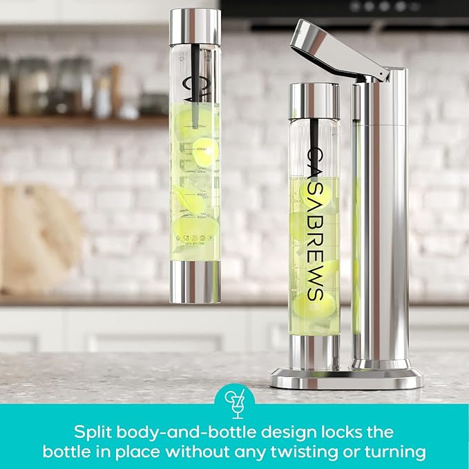 CASABREWS EDGE Sparkling Water Maker, Stainless Steel Soda Streaming Machine Compatible with 60L CO2 Carbonator (NOT Included), Soda Maker with PET Bottle for Carbonate Water, Wine or Juice