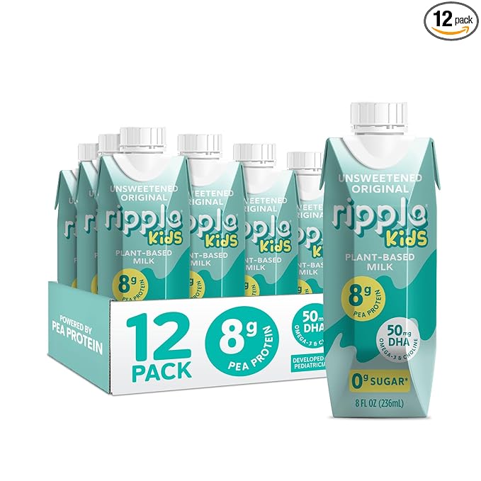 Ripple Kids Unsweetened Plant Based Milk | Pediatrician Recommended | 8g Pea Protein | Shelf Stable | Vegan & Non GMO Certififed | Dairy, Soy, Nut, Gluten, and Lactose Free | 8 Fl Oz (Pack of 12)