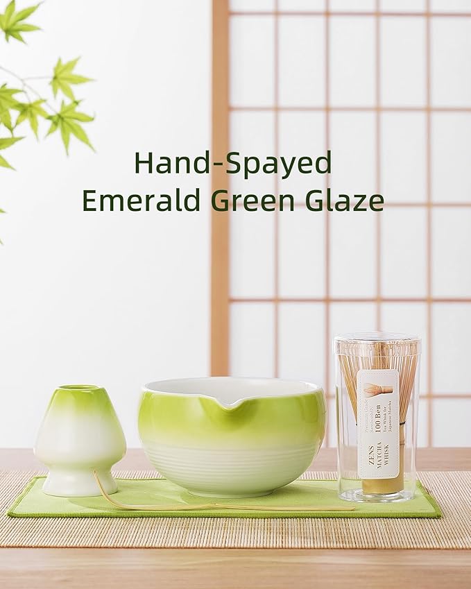 ZENS Matcha Whisk Set, 15oz Hand-Glazed Matcha Bowl with Spout and Bamboo Whisk, Whisk Holder (Chasen), Scoop & Tea Towel, 5pcs Matcha Tea Set Gift for Matcha Ceremony, Green