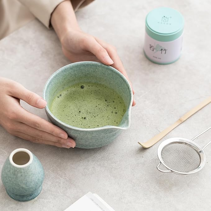 Matcha Set, Matcha Whisk Set Includes Matcha Bowl, Matcha Whisk Holder, Bamboo Matcha Whisk, Scoop and Matcha Sifter, 17 oz Mottled Blue Glaze Ceramic Matcha Kit for Tea Lovers