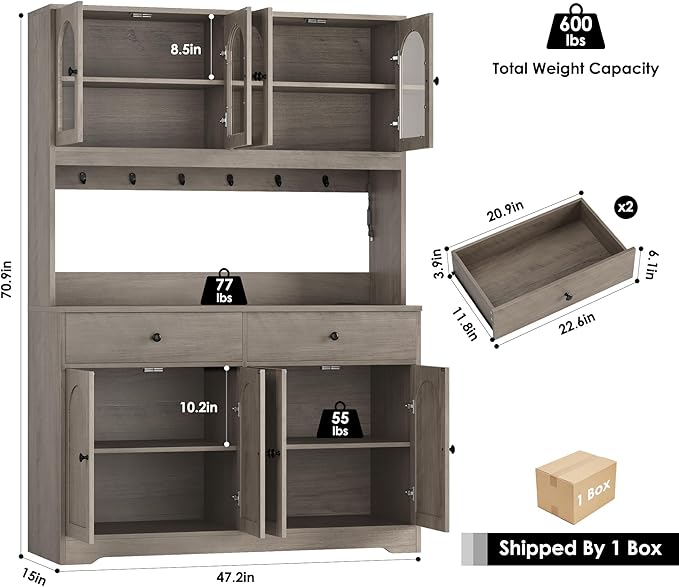 HIFIT 71" LED Kitchen Pantry Cabinet with Power Outlet, Large Kitchen Hutch Storage Cabinet with Arched Door, Shelves, 2 Drawer, Tall Farmhouse Coffee Bar w/Hutch for Home Dining Living Room, Ash Grey