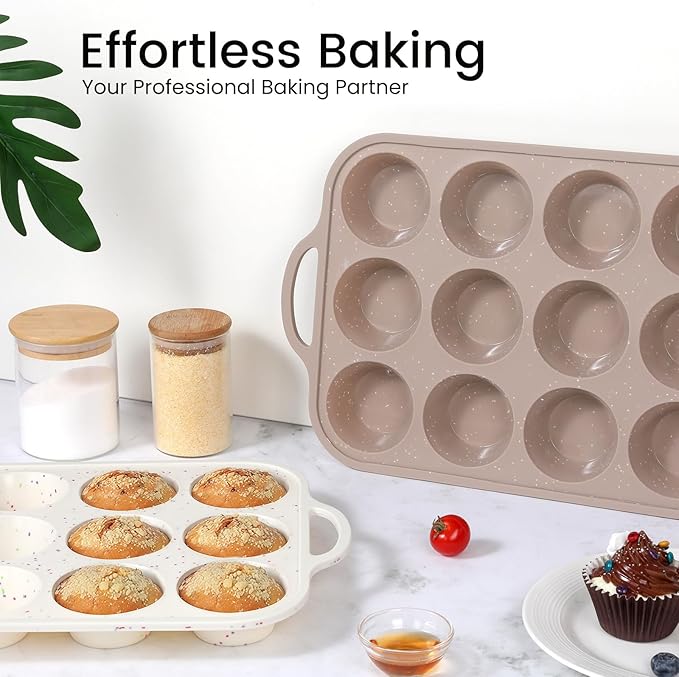 Vinino 2Pack Silicone Muffin Pans for Baking with Metal Reinforced Frame, 12 Cups Regular Size Nonstick Silicone Cupcake Pan, BPA Free Oven Dishwasher Safe Baking Mold for Muffins Cupcakes
