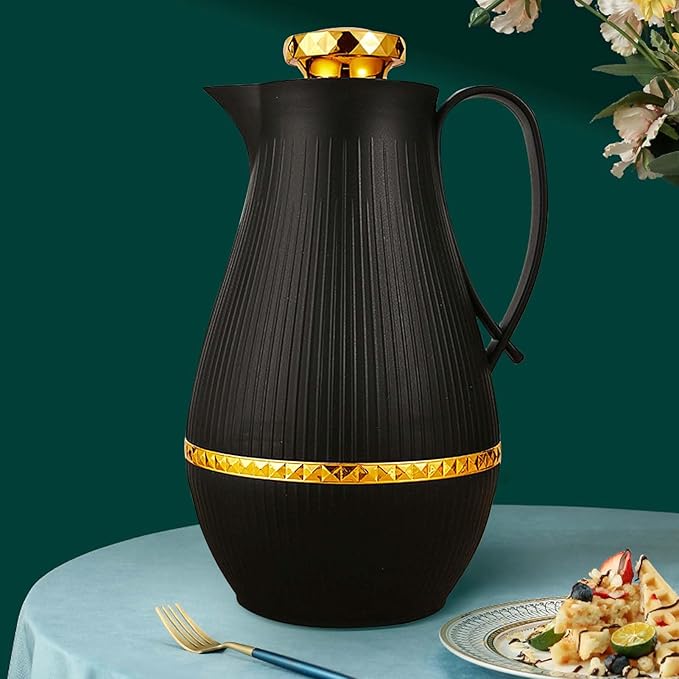 Insulated Thermal Coffee Carafe, 33 oz, Luxury Arabic-Style Insulated Carafe Flask,Coffee Tea Pot,with Spout and Glass Liner for Hot Cold Water,Housewarming Ornaments (Black)