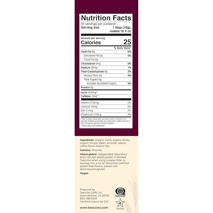 Teeccino Java Chicory Coffee Alternative - 11 Ounce - Ground Herbal Coffee That’s Prebiotic, Caffeine Free & Acid Free, Medium Roast
