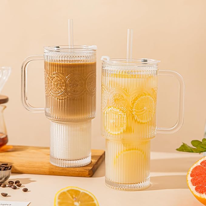 26oz Ribbed & Floral Glass Tumbler with Handle – Smoothie Cup with Lid & Straw – Reusable Iced Coffee Tumbler for Hot & Cold Drinks – Perfect for Smoothies, Matcha,Whiskey (Set of 1)