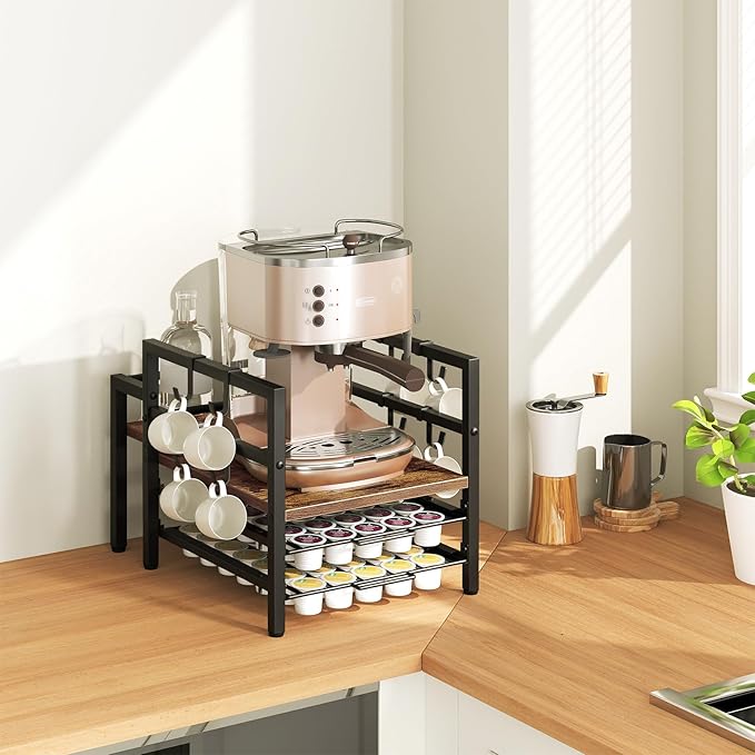 HOOBRO K Cup Holder, Coffee Pod Organizer for Counter, 70 Capacity Pods Storage Organizer, Coffee Maker Stand with Mug Rack, Coffee Station for Syrup, Rustic Brown and Black BF03CR01