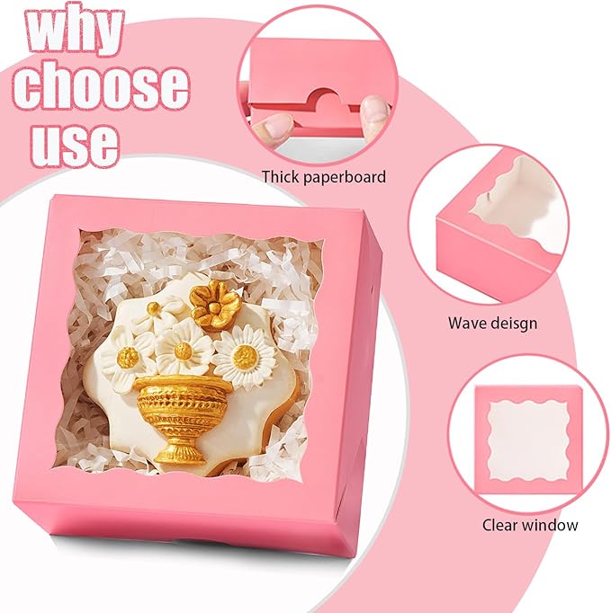 90 Pack 4x4x2 Inches Pink Bakery Boxes (Clear Window) – Ideal for Packaging Macaron, Ores, Chocolate Truffle, Strawberry, Cookie, Donut, Pie – Party, Wedding, Holiday Favors