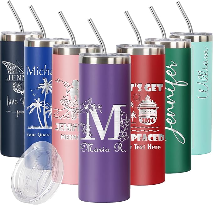 Personalized Skinny Tumbler Gift by iProductsUS. Stainless Steel with Spill-Proof Slider Lid and Straw - Customized Vacuum Insulated Holaday Mug. Several Designs and 10 Colors 20oz (Light Purple)