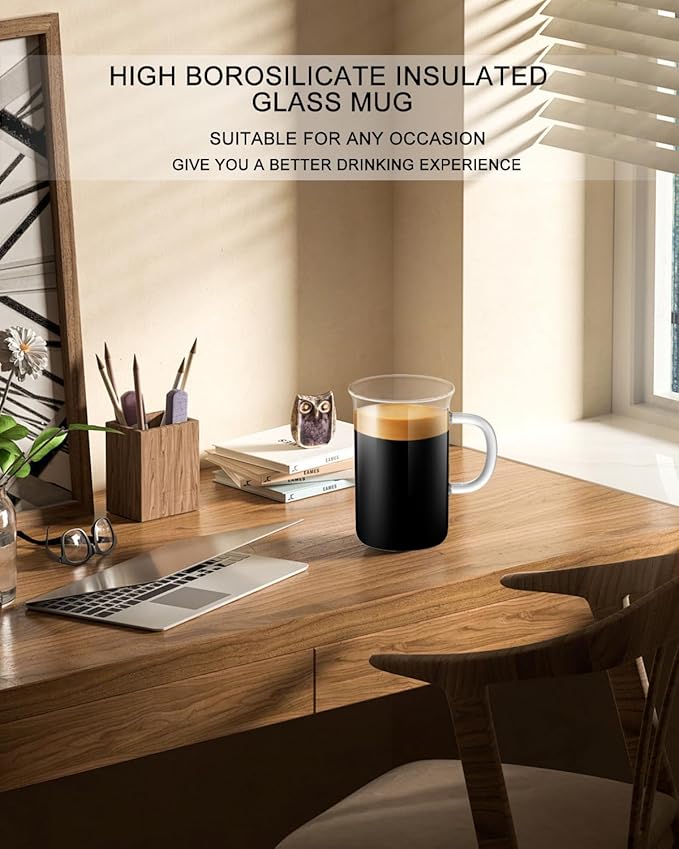 LUXU Glass Coffee Tea Cups(Set of 2)-13 oz,Clear Glass Mugs,Tall Drinking Glasses for Cappuccino,Latte,Espresso,Lead-free Drinking Glasses Great for Juice,Water,Beer,Milk Hot And Cold Drinks