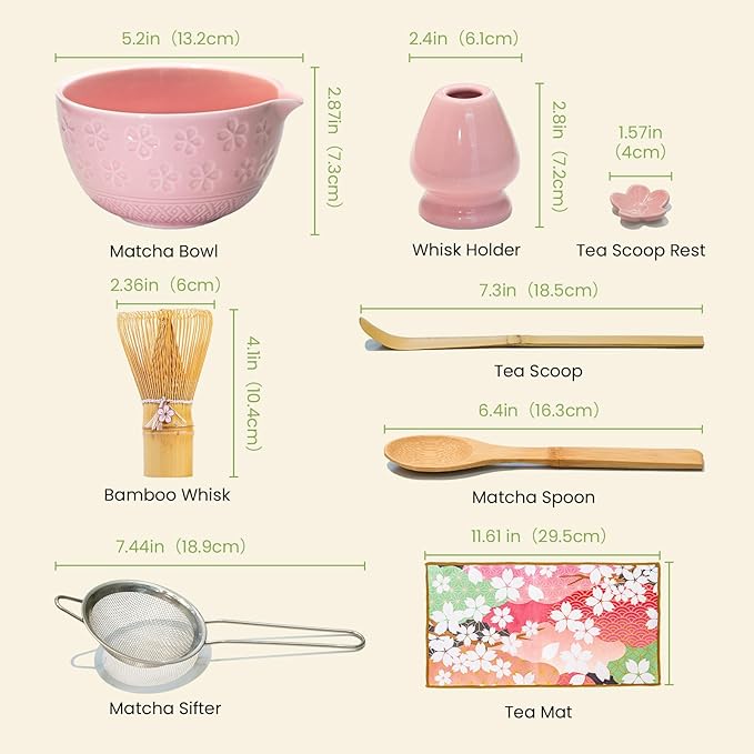 Matcha Whisk Set, Ceramic Matcha Set Includes Matcha Bowl, Whisk & Holder, Scoop, Sifter, Spoon, Scoop Rest, Tea Mat, Hand Book - 9 Pcs Kit for Matcha Lovers (Pink)