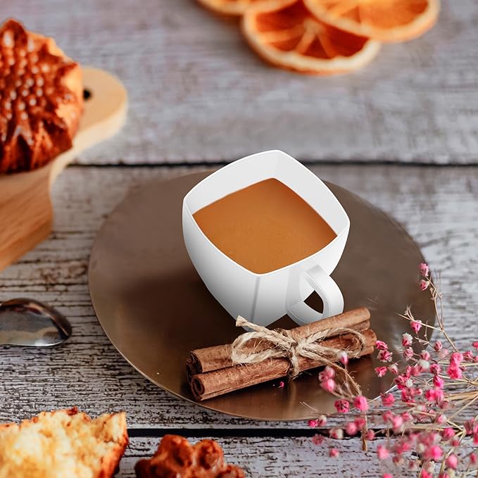 Amyhill 100 Pcs Disposable Tea Cups Mini Plastic Tea Cup Bulk with Handle Hard Plastic Coffee Mug Disposable Square Espresso Mug for Party Catering (White)