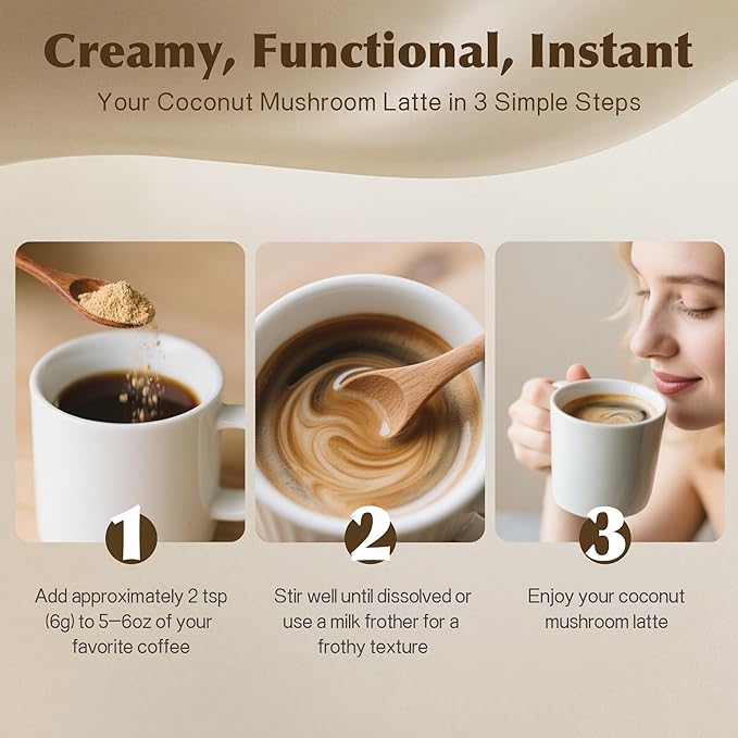 Mushroom Coconut Creamer, Natural Creamer for Coffee, 5 Mushrooms Extract, MCT Powder & Probiotics | Lion's Mane, Turkey Tail, Reishi, Maitake, Chaga | Plant-Based, Keto-Friendly| 6.35 Oz