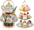 Maxcheck 21 Pcs Tea Party Set for Adults European Floral Tea Set with Metal Holder and 3 Tier Ceramic Cake Stand Porcelain Flower Cup Teapot for Dessert Cupcake(Fresh Style)