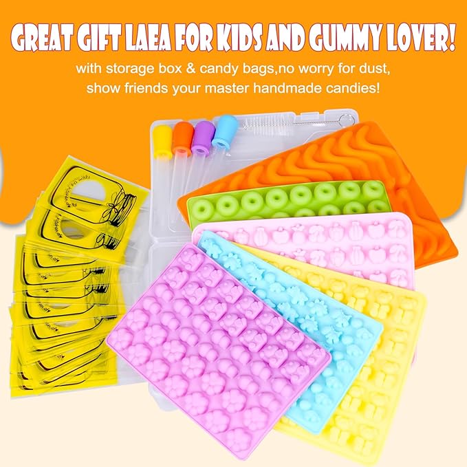 Gummy Bear Molds Silicone 37PCS Set,Nonstick Candy Mold Including Worm,Bear, Mini Dinosaur, Animals, Fruits and Mini Donut Molds,With 4 Droppers, Brush, Storage Box, 25 Wrappers