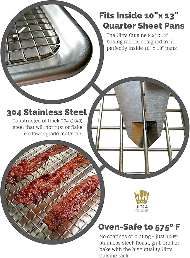 Ultra Cuisine Heavy Duty 100% Stainless Steel Cooling Rack for Cooking and Baking - Baking Rack & Wire Cooling Rack - Fits Quarter and Jelly Roll Sheet Pans - 8.5''x 12'' & 10''x 14.75''
