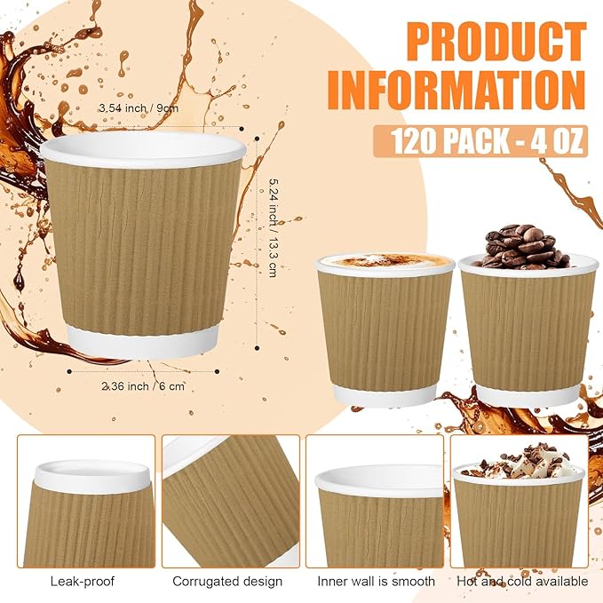120 Pack Paper Espresso Coffee Cups, 4 oz Disposable Coffee Cups,Corrugated Insulated Ripple Wall, Paper Ripple Cup for Coffee, Hot Chocolate and Hot Tea Drinks -Champagne