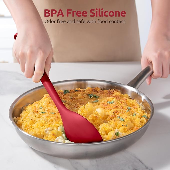 600ºF Heat Resistant Silicone Spoon: U-Taste 13.3in Solid Kitchen Cooking Spoon, Nonstick Food Grade Large & Long Soup Rubber Utensil for Mixing, Serving, Stirring, Basting, for Pot Cookware (Red)