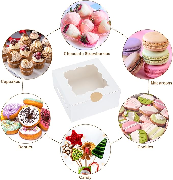 Colovis 30 Pcs White Bakery Boxes with Window, 6 X 6 X 3 Inches, White Paperboard Treat Boxes for Cookies, Pastry, Cookies, Strawberries, Macarons