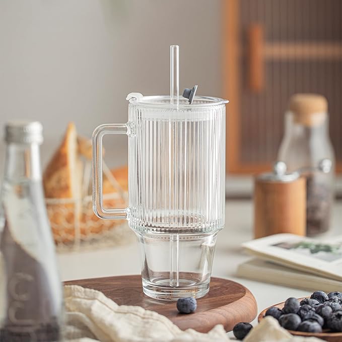 KEMORELA 4PCS 24oz Ribbed Glass Tumblers with Lids & Straws – Textured Handle Drinking Glasses for Iced Coffee, Smoothies, Cold Beverages – Reusable Clear Drinkware Set, Dishwasher Safe