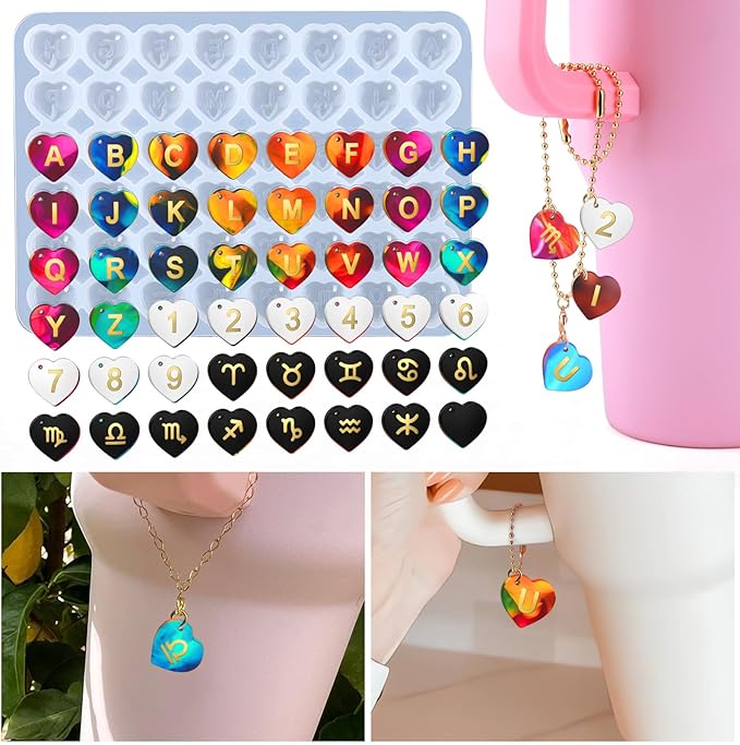 Juome Letter Resin Molds Silicone for Stanley Cup, 48 Pcs Heart Shape Letters Name Number Silicone Molds for Epoxy Resin Casting, DIY Personalized Custom Letter Charm Making for Stanley