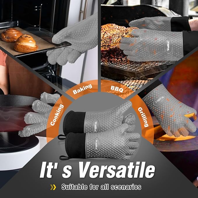 Walfos Silicone BBQ Gloves - Heat Resistant Grilling Gloves, Premium Non-Slip Kitchen Silicone Oven Mitt with Protective Cotton Layer Inside, Waterproof, Great for Grilling, Kitchen and Cooking, Gray