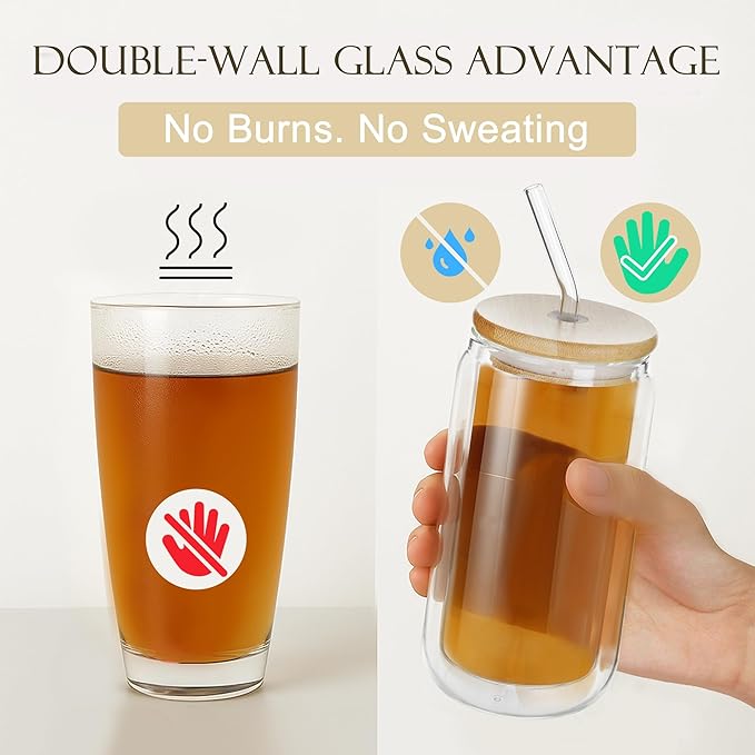 LIBWYS 16oz Double Wall Drinking Glass Cups with Bamboo Lids and Straws, 4 Pc Set – Condensation Resistant Insulated Glass Can Tumblers for Cold Drinks, Iced Coffee, Tea, Juice, Cleaning Brush