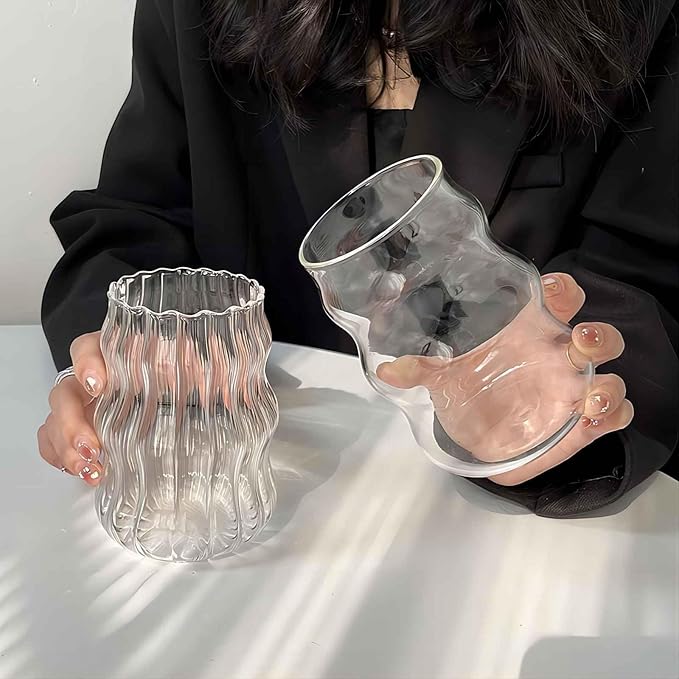 2 PCS Ribbed Cute Glass Cups,18 Oz Iced Coffee Glasses with Lids and Straws Iced Coffee Cups Glass