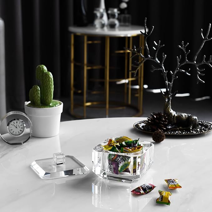 kitCom Crystal Candy Dish with Lid Hand-Cut Home Decorative Jewelry Box Candy Jar W 4" x H 3.5", Comes With Gift Box