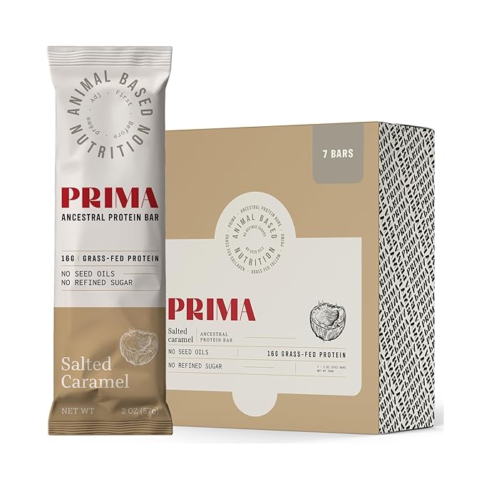 PRIMA ANCESTRAL PROTEIN BAR Grass Fed Protein Bars, 7 Pack – Animal-Based Protein Bar with Beef Tallow, Raw Honey, Seed Oil Free, Low Carb, Gluten-Free – Healthy, Energy Snacks for Clean Lifestyle (7 Pack, Salted Caramel)
