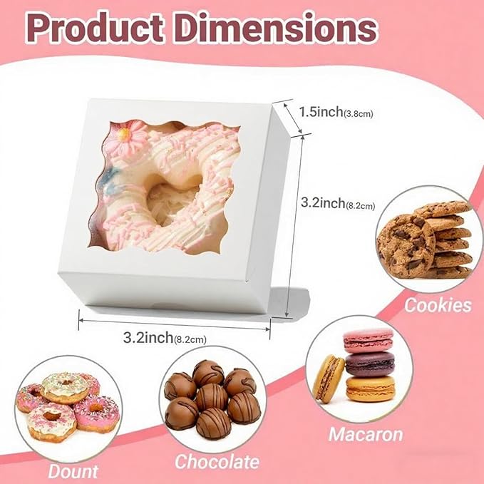 3.2x3.2x1.5 Inches 100PCS Chocolate Truffle Boxes Mini Bakery Boxes with Window for Cookies,Soap,Donut, Macaron,Brownie(White)