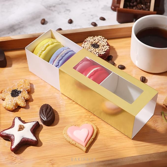 30 Macaron Boxes for 4 or 5 Macarons Gold Macaron Gift Boxes, Candy Boxes, Macarons Box with Clear Window (Interior Measurement 4.8" x 1.9" x 1.9" without Macaron inside)