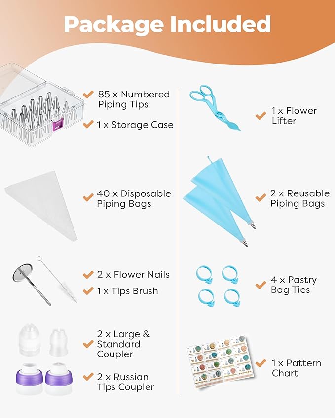Kootek 140Pcs Icing Piping Bags and Tips Set, Frosting Piping Kit with 78 Numbered Icing Tips, 7 Russian Tip, 42 Pastry Bags 12 Inch, 5 Couplers, 4 Bag Ties for Cake Decorating, Cupcake, Baking