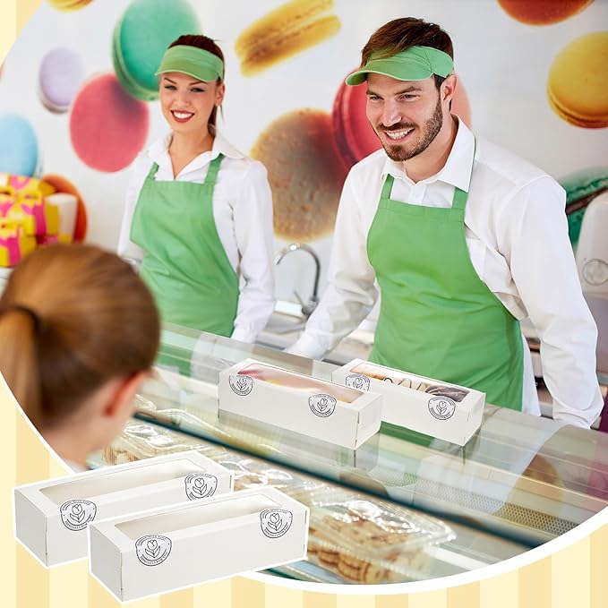 Sherr 150 Pcs White Macaron Boxes with Window, Cookies Boxes with 200 Pcs Stickers Long Bakery & Dessert Gifts Containers for Donuts, Pastry, Chocolate Covered Strawberry