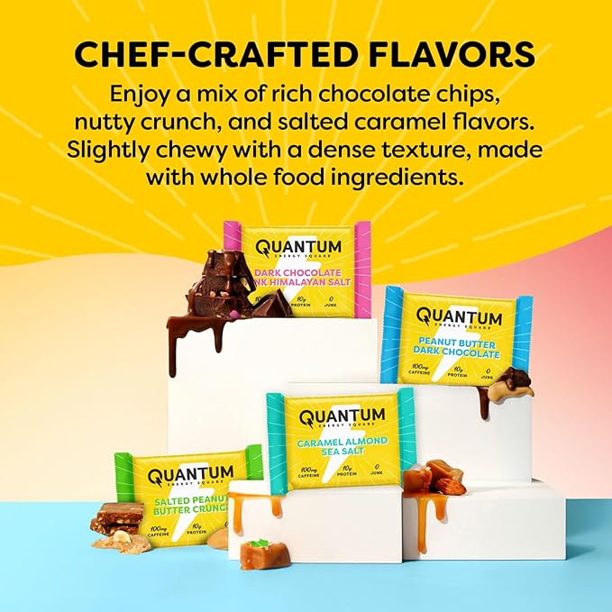 Quantum Energy Square: Energy Bar with Caffeine & 10g Protein. Delicious Healthy Snack On The Go. (Vegan, Gluten-free, Soy-free, Dairy-free) (Variety Mega Pack)