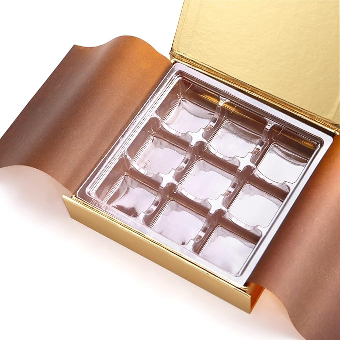 BAKIPACK 6 Truffle Boxes, Chocolates Boxes, Gold Truffle Gift Boxes Packaging with 9-Piece Plastics Tray, Magnetic Closure Lid 5.7x5.7x1.3 Inches