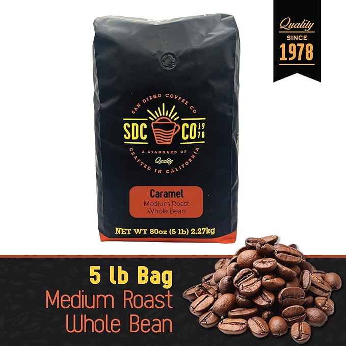 San Diego Coffee Caramel, Medium Roast, Whole Bean Coffee, 5-Pound Bag Café en grano tostado
