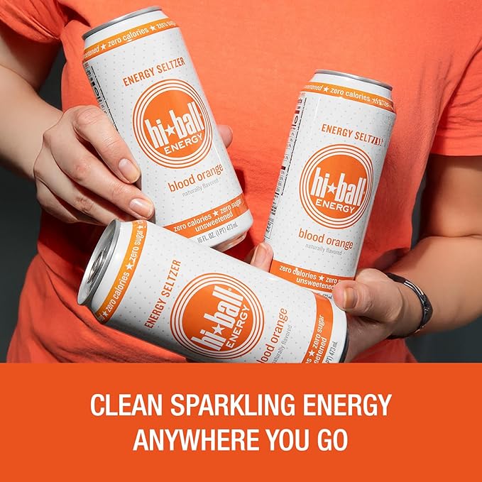 Hiball Clean Energy Drink - Blood Orange - Zero Sugar, Zero Calorie Sparkling Water with 160mg Organic Caffeine, 50mg Organic Ginseng, 50mg Organic Guarana and B Vitamins - 16 fl oz (8-Pack)