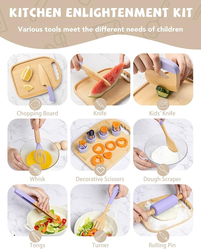 Wooden Kids Cooking Set Montessori Kit - Real Toddler Kitchen Tools & Baking Utensils - 15PCS Cooking Kit for Kids with Storage Bag, Great Gift for Pretend Play & Montessori Learning (Purple)