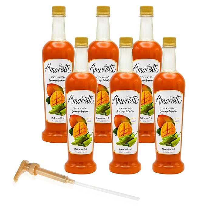 Amoretti - Spicy Mango Beverage Infusion, 94 Servings Per Bottle (750 ml) - Drink Mix & Water Enhancer with Pump for Flavoring Cocktails, Waters, Teas, and other Beverages, Preservative Free