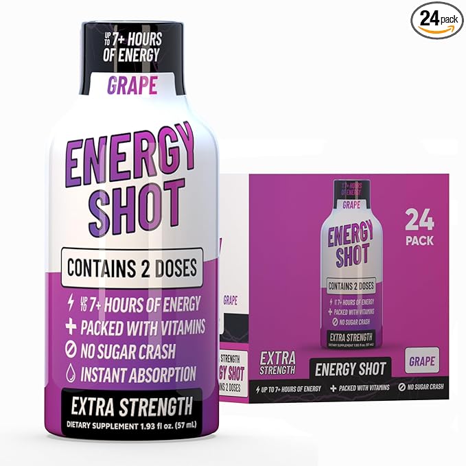 Grape Extra Strength Energy Shot 24 pk – 260mg Natural Caffeine B12 B6 – Energy & Focus Support – 2 Servings Sugar Free Zero Calorie Green Tea B-Vitamins Electrolytes Vegan – 1.93 fl oz